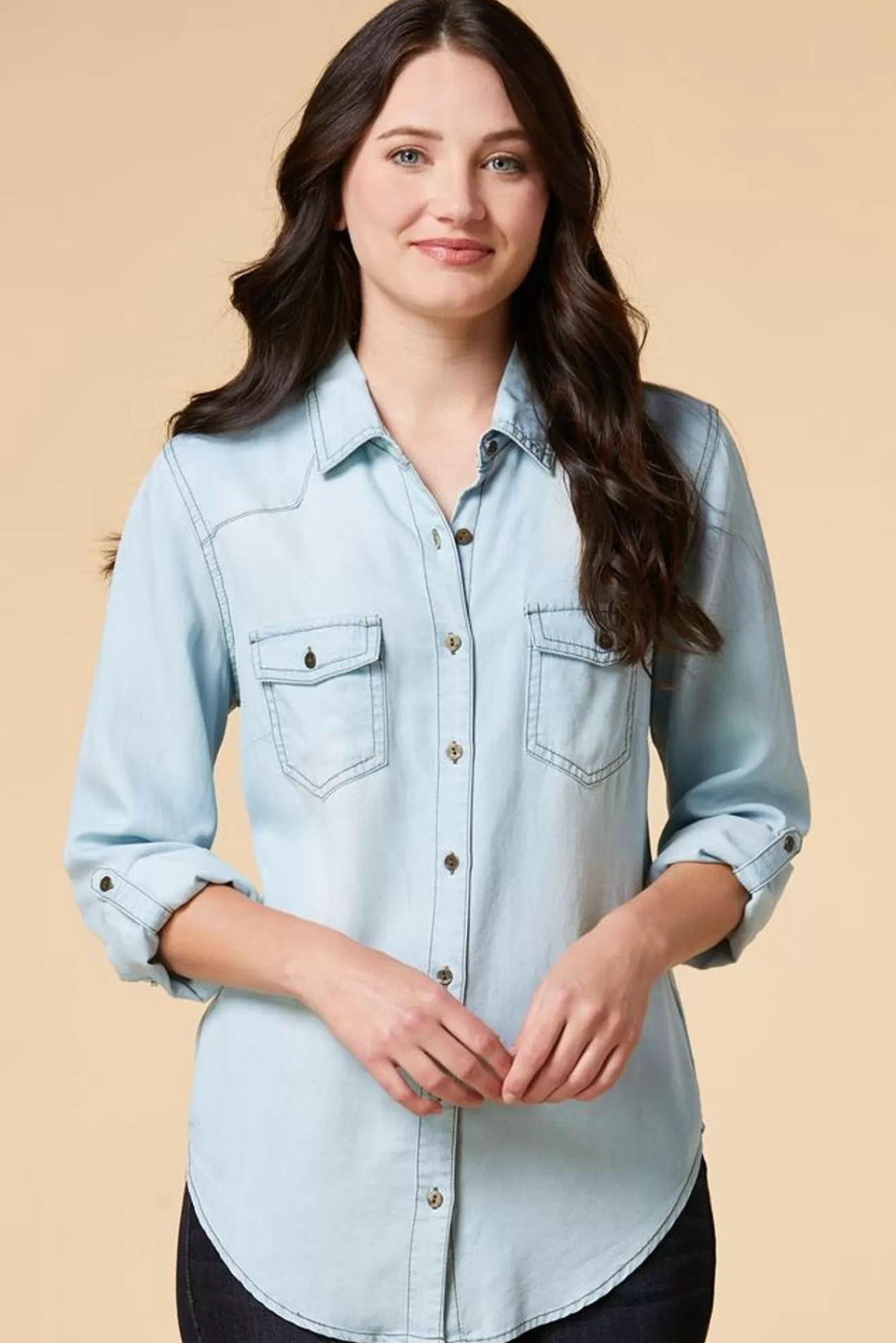 Women Versona Button Down Highlow Chambray Shirt