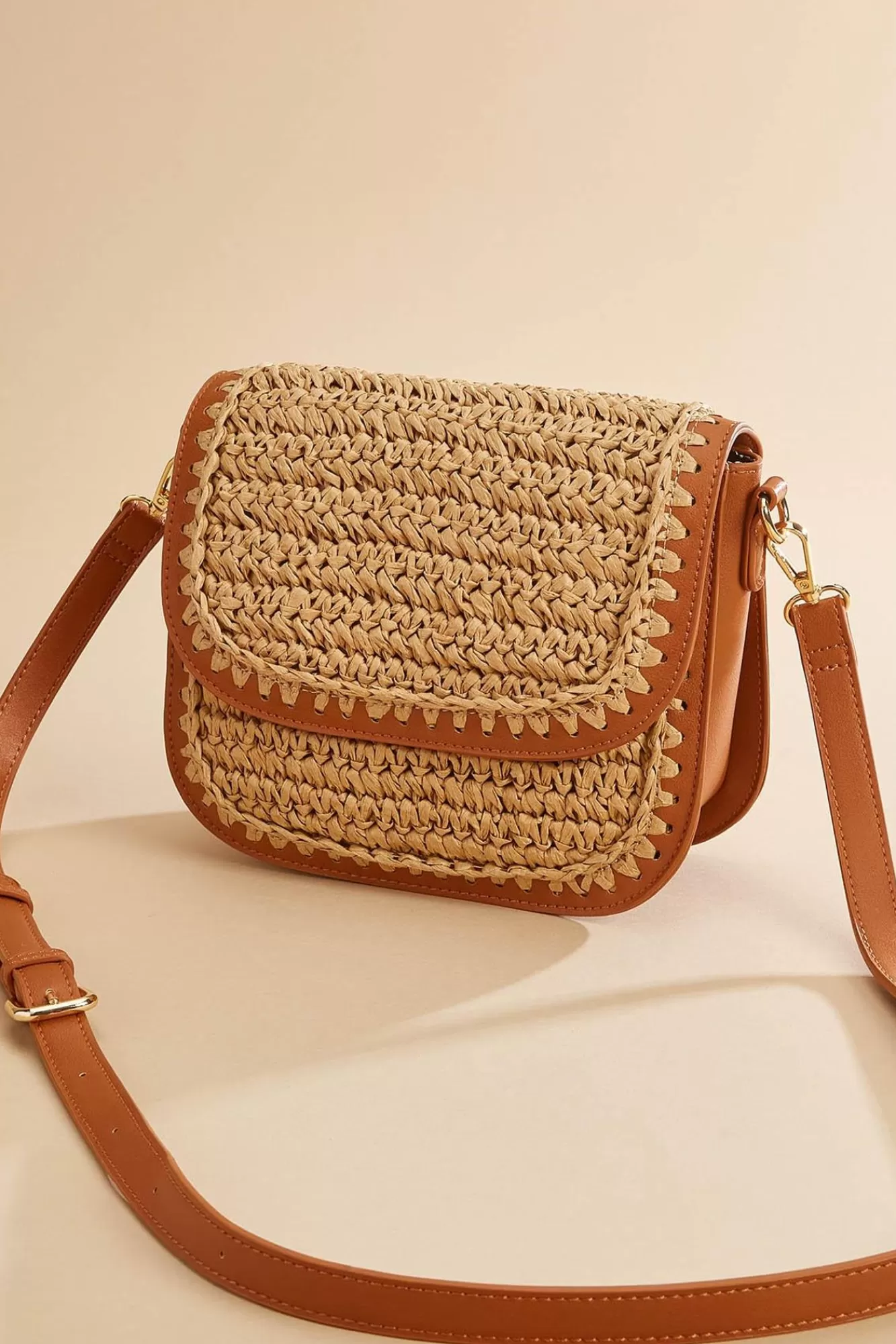 Women Versona Faux Leather Trim Straw Crossbody