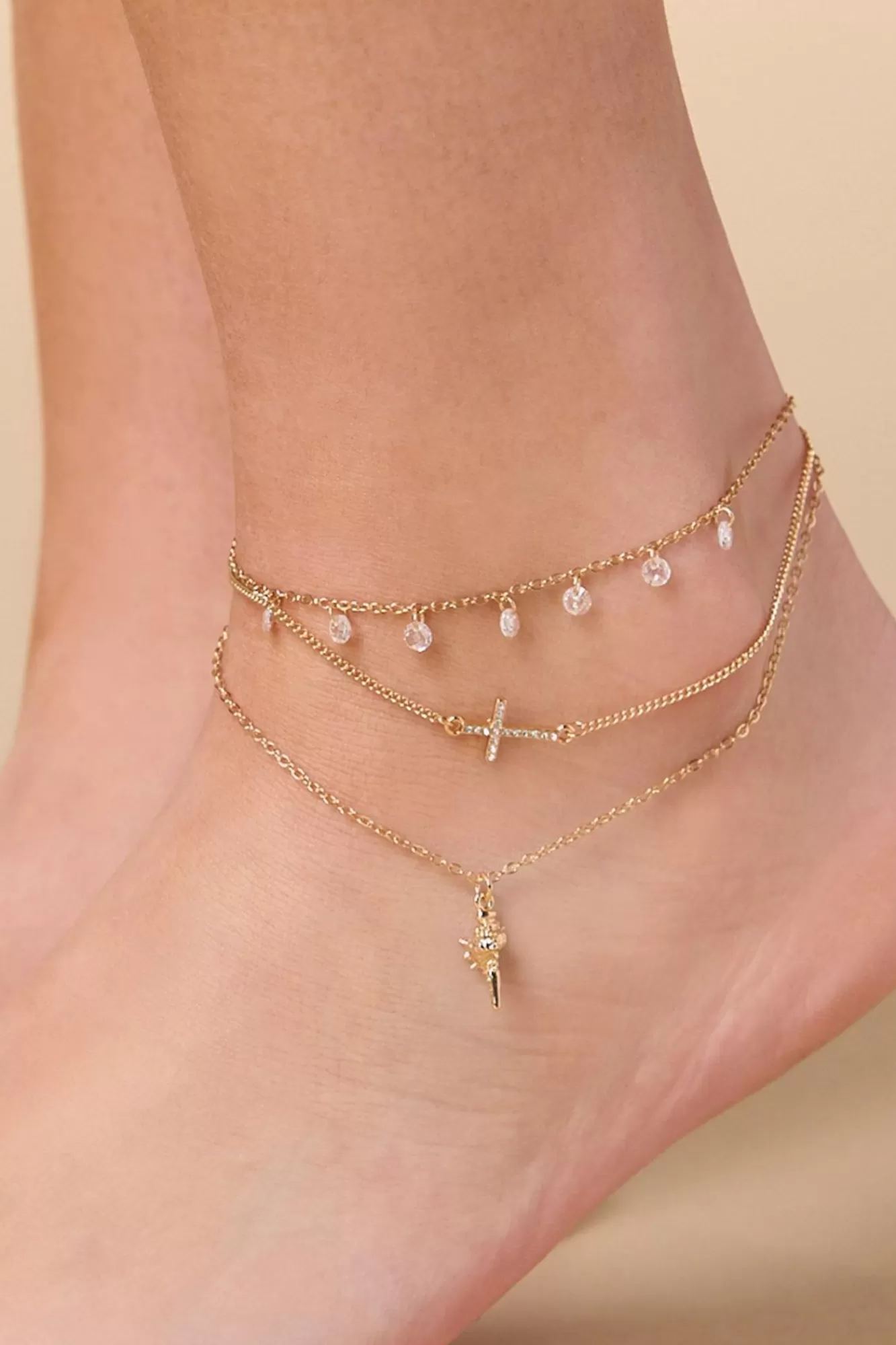 Women Versona Layered Beaded Cross Charm Anklet