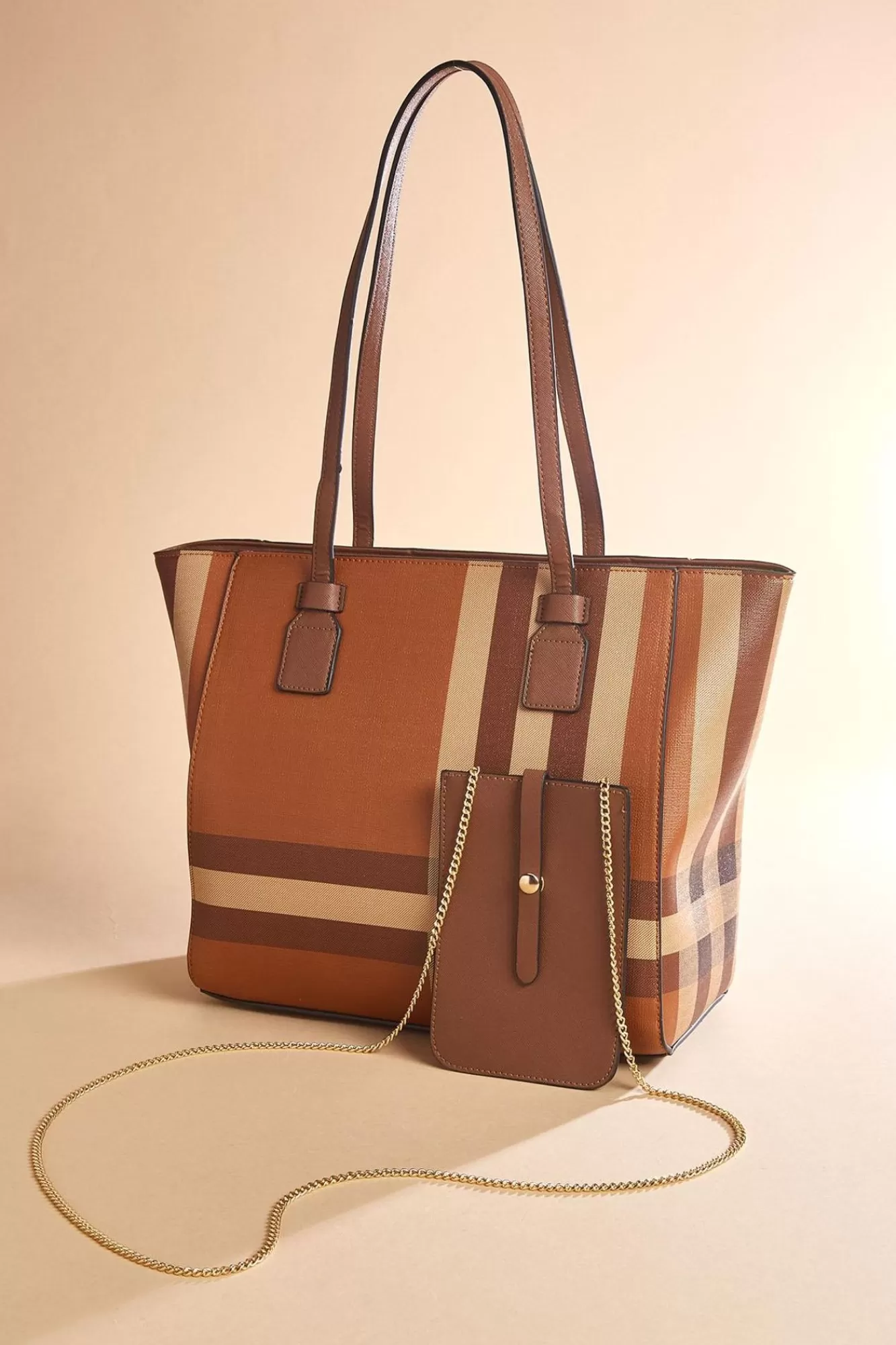 Women Versona Plaid Faux Leather Shopper Bag Set