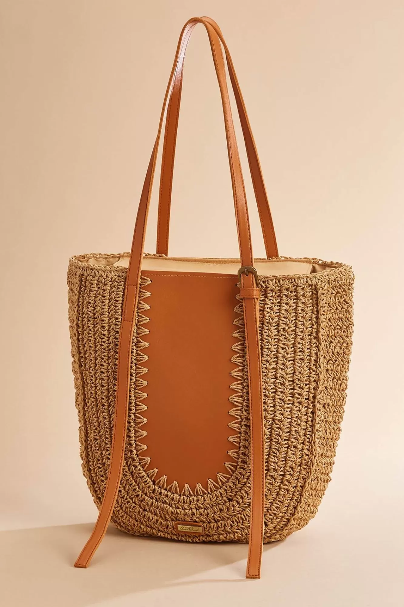 Women Versona Straw Faux Leather Panel Tote