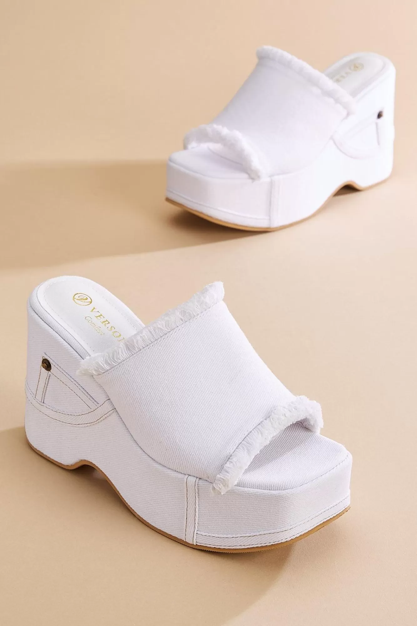 Women Versona White Denim Platform Wedges